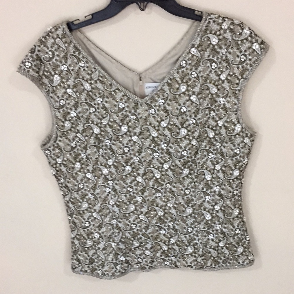 Vintage Adrianna Papell Sleeveless Silk Embroidered Beaded Paisley Top Size 12